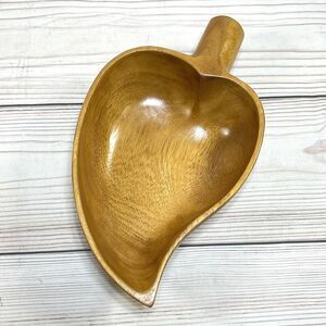 Vintage Wooden Leaf Shape Monkey Pod 9.5” Wood Bowl Nut Dish Scoop Ladle Acorn
